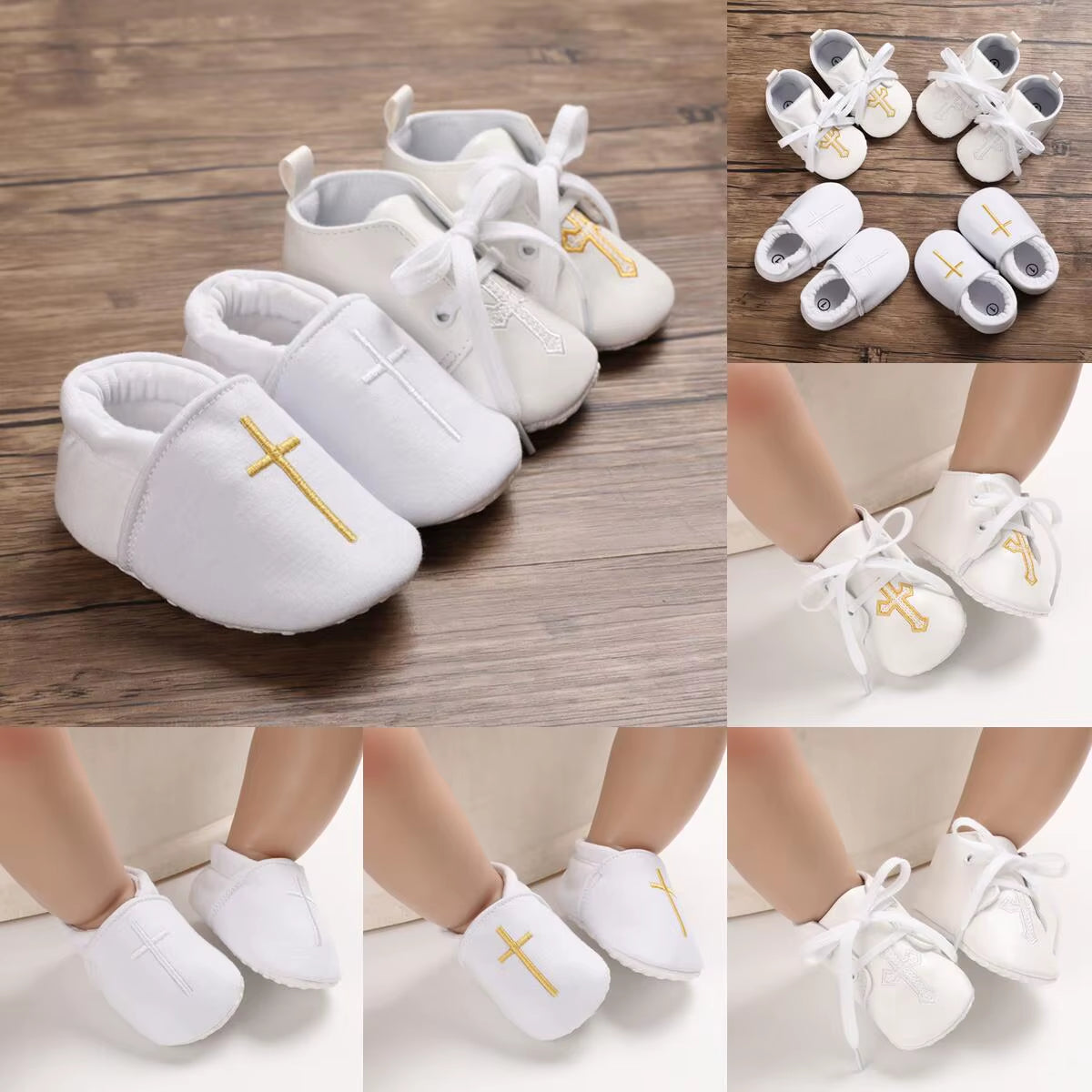 New White Baby Baptism Shoes Newborn Baby Fashion Toddler Shoes Church Cross Boys and Girls Casual Soft Soled Baby Shoes