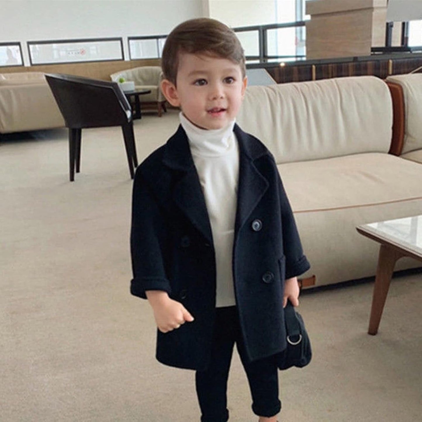 12M-5 Years Winter Grid Jackets Boys Girls Woolen Double-Breasted Boy Trench Coat Lapel Autumn Kids Wool Overcoat (Black-01, 2-3 Years)