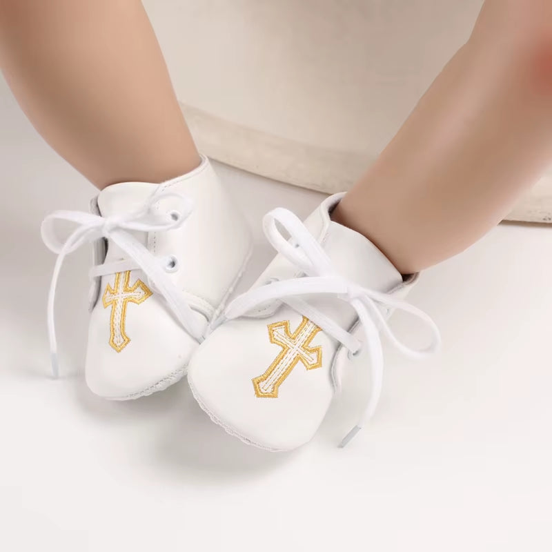 New White Baby Baptism Shoes Newborn Baby Fashion Toddler Shoes Church Cross Boys and Girls Casual Soft Soled Baby Shoes