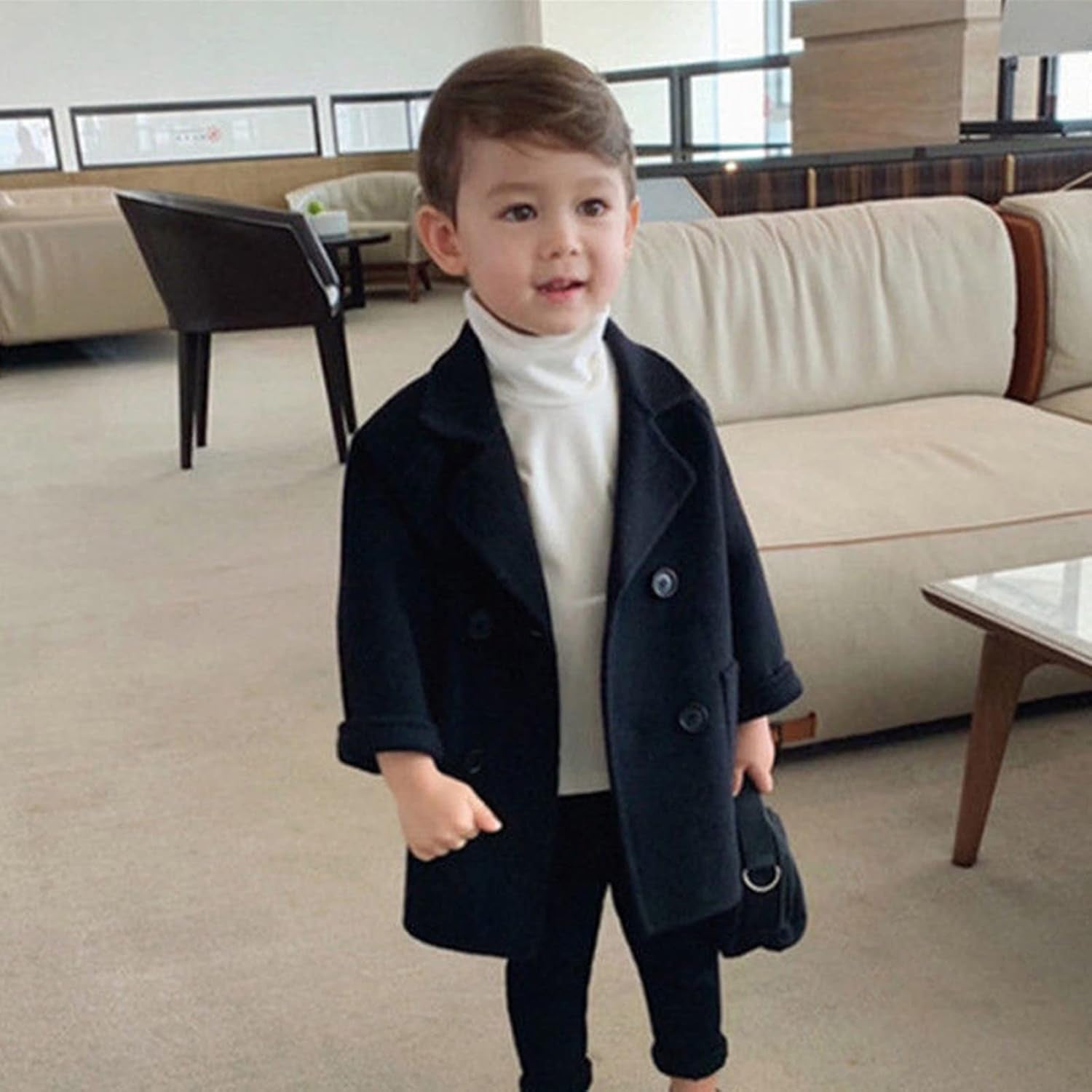 12M-5 Years Winter Grid Jackets Boys Girls Woolen Double-Breasted Boy Trench Coat Lapel Autumn Kids Wool Overcoat (Black-01, 2-3 Years)